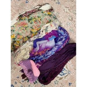 Women Scarf Beanie Bundle Floral Lace Ikat Crochet Pink Purple 6pc Accessory Lot